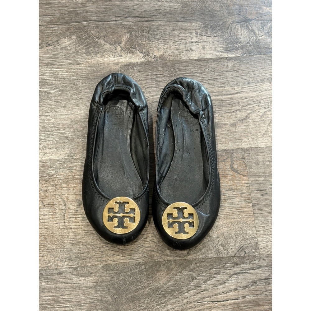 Tory Burch Reva Black Leather Gold Logo Medallion Ballet Flats Size 37